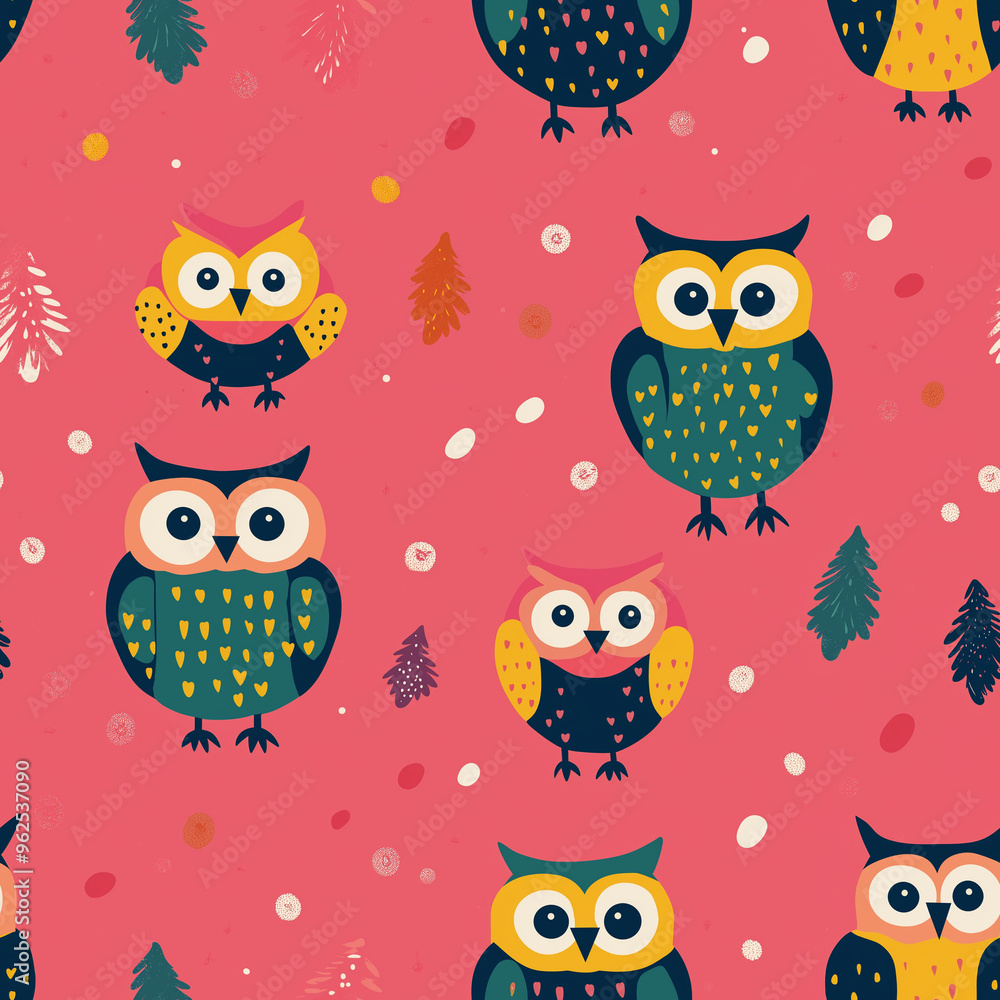 Seamless pattern of cute owls on a branch. Boho flat design style Seamless pattern of cute owls on a branch. Boho flat design style