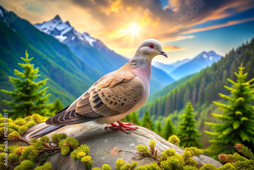 A Dove Perched on a Mountaintop with a Sunset View photo