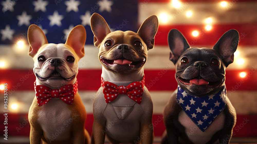 Three French Bulldogs wearing bow ties and a bandana, sitting in front of an American flag with fairy lights. Three French Bulldogs wearing bow ties and a bandana, sitting in front of an American flag with fairy lights.