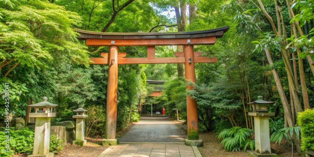 Traditional Shinto shrine with torii gate and lush greenery , Japan, religion, spirituality, sacred, architecture