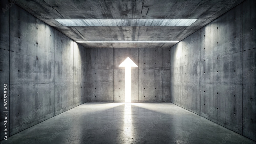 Abstract industrial concrete room with double arrow opening and backlit from above, featuring a rough floor, industrial Abstract industrial concrete room with double arrow opening and backlit from above, featuring a rough floor, industrial