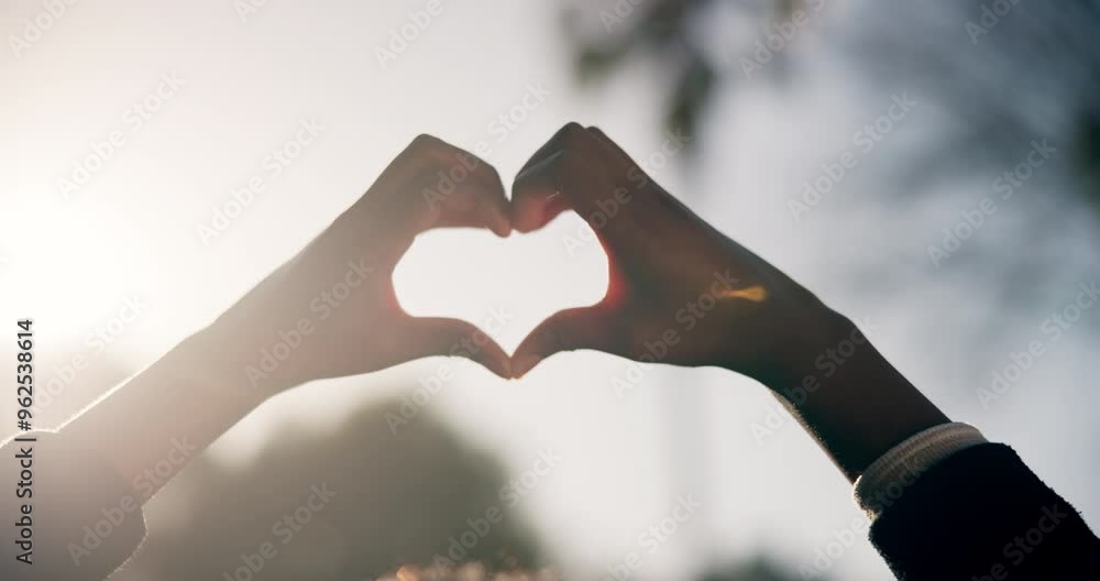 Hands, heart and person with love symbol in nature, garden or adventure for vacation or trip. Sunset, romance and hand romantic gesture with shape emoji park, forest or woods environment on holiday Hands, heart and person with love symbol in nature, garden or adventure for vacation or trip. Sunset, romance and hand romantic gesture with shape emoji park, forest or woods environment on holiday