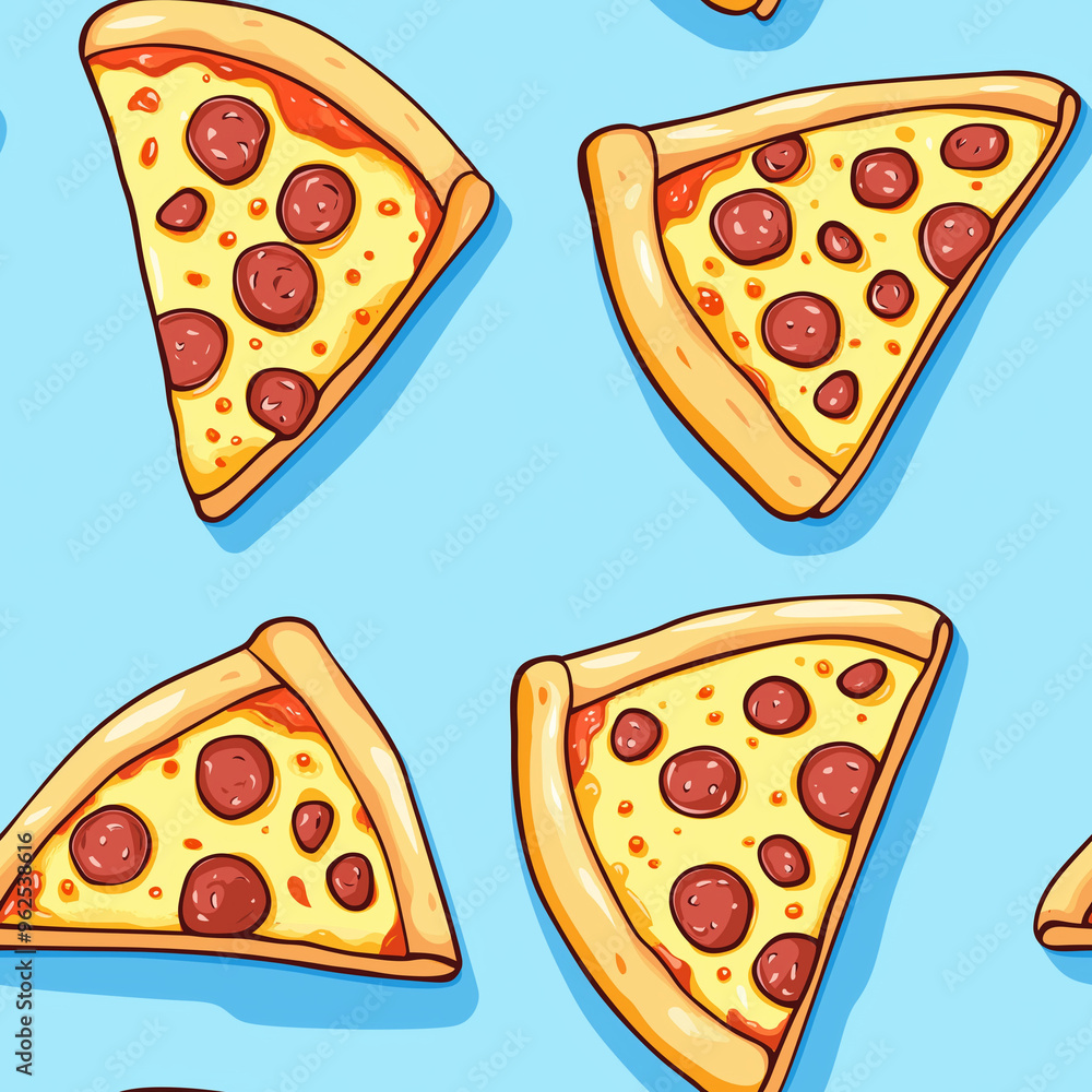 Cute seamless background with pizza slices, Blue colored background Cute seamless background with pizza slices, Blue colored background