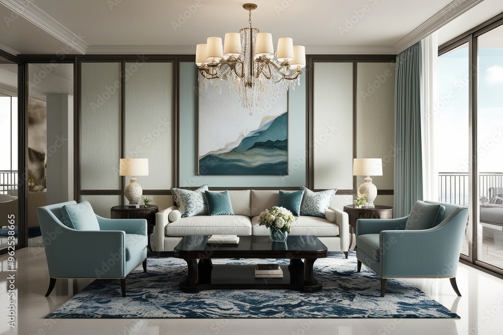 Fototapeta premium Elegant Penthouse Interior Mockup Featuring Stylish Furniture and Tranquil Wall Design