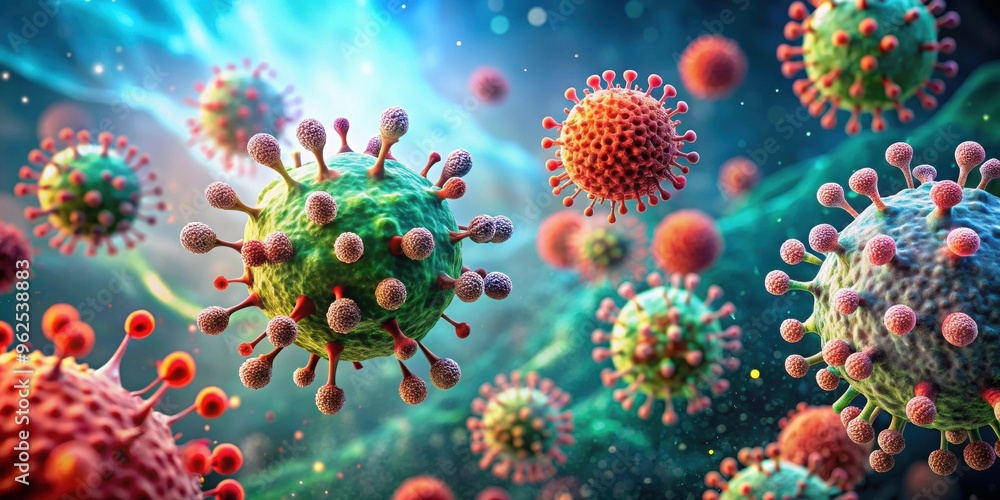Cancer cell, coronavirus, and T cells battling in a microscopic scene, cancer, cell, virus, infection, healthcare Cancer cell, coronavirus, and T cells battling in a microscopic scene, cancer, cell, virus, infection, healthcare