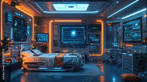 Futuristic hospital room with a bed, monitors, and futuristic medical equipment.