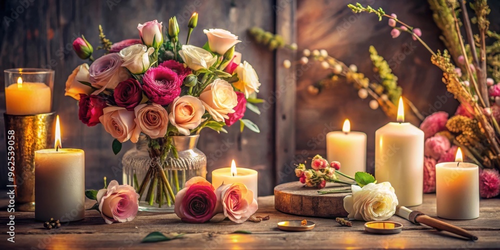 Romantic scene set with flowers, candles, brushes, and decorations , love, romance, props, flowers, candles, brushes Romantic scene set with flowers, candles, brushes, and decorations , love, romance, props, flowers, candles, brushes