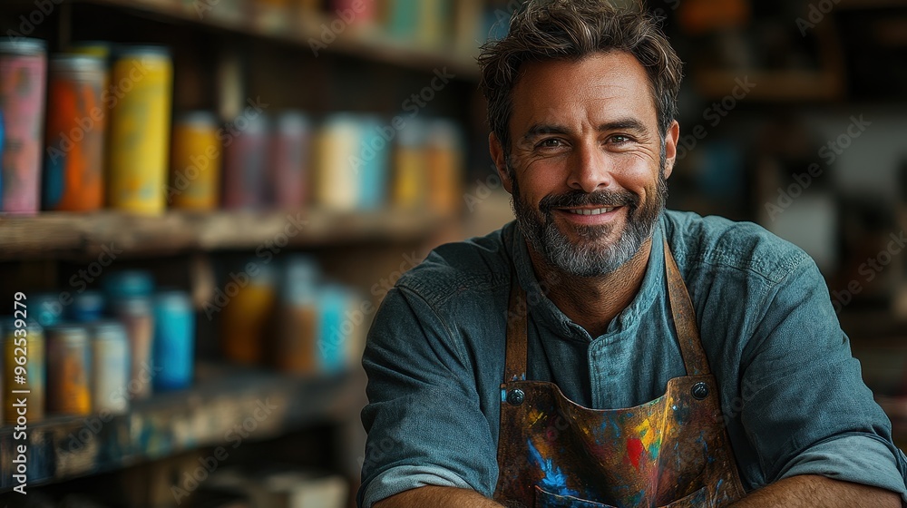 Happy Artist Man Sitting at His Craft Table in a Workshop, Surrounded by Paint and Wood, Wearing a Colorful Paint-Splattered Apron, with Shelves of Spray Paint Cans in the Background, Portrait Shot
Happy Artist Man Sitting at His Craft Table in a Workshop, Surrounded by Paint and Wood, Wearing a Colorful Paint-Splattered Apron, with Shelves of Spray Paint Cans in the Background, Portrait Shot
