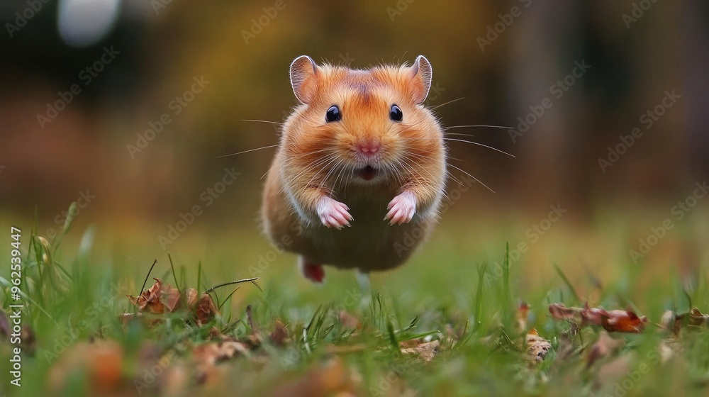 A Golden Hamster Leaping Through Green Grass and Fallen Leaves A Golden Hamster Leaping Through Green Grass and Fallen Leaves