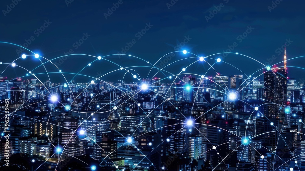 Fototapeta premium A modern cityscape at night featuring a wireless network connection theme, showcasing technology and connectivity against a vibrant urban backdrop.