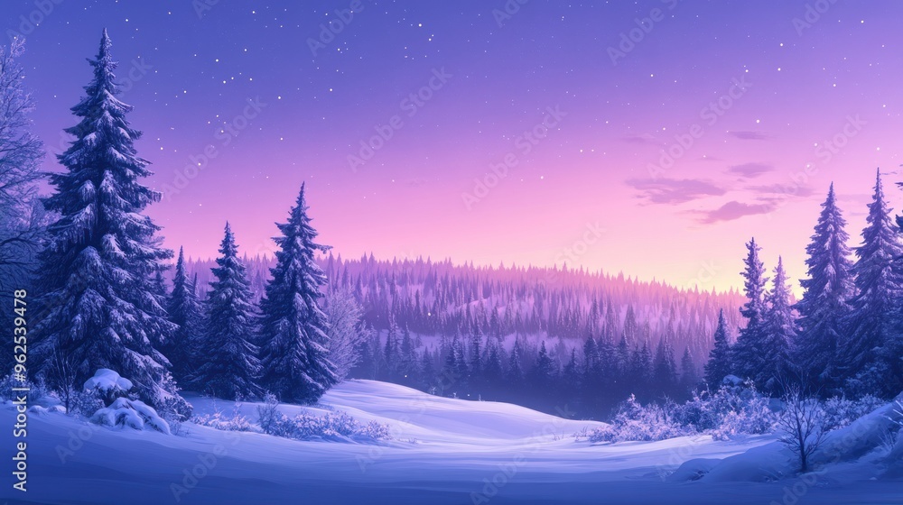 A Snow-Covered Forest Under a Purple Starry Sky A Snow-Covered Forest Under a Purple Starry Sky