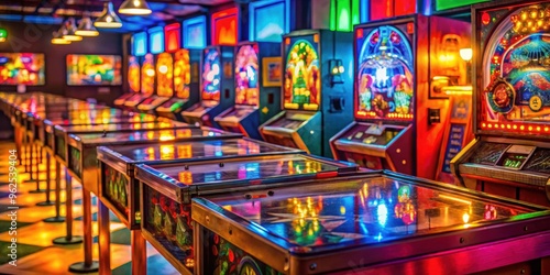 Vintage pinball machine with colorful lights in an arcade setting , retro, game, gaming, entertainment, fun, machine