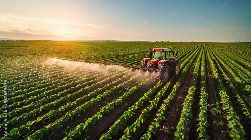 Tractor Spraying Crops in a Field at Sunset Tractor Spraying Crops in a Field at Sunset