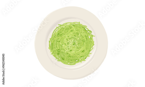 Basil pesto pasta on a plate. Hand drawn vector illustration. Top view.