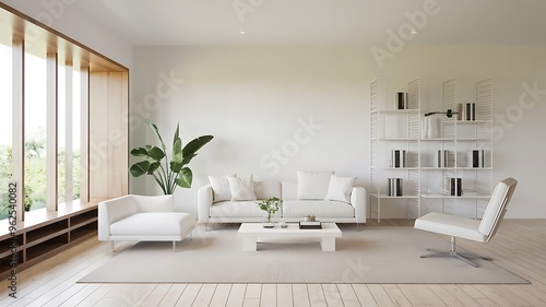 White minimal living room design. white color wall , white ceiling, white minimal sofa against white wooden bookshelf, white interior lightened .Modern living room. Minimalist interior design. Japan
