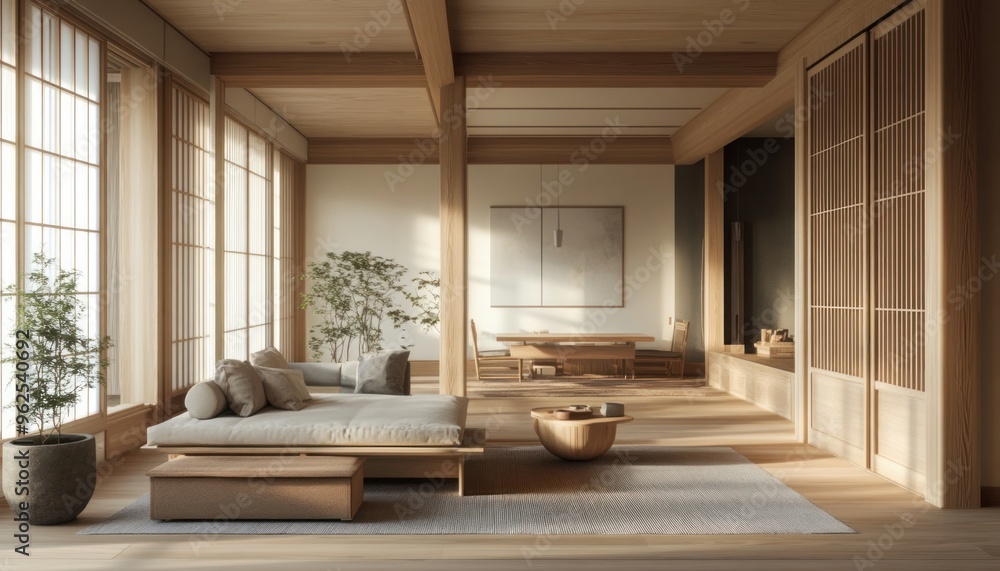Fototapeta premium Minimalist Japanese Living Room with Wooden Features