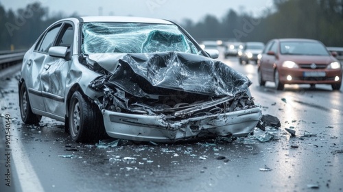 High-Speed Rear-End Collision on Highway: Dramatic Crash Scene with Crushed Bumper and Debris Scatter