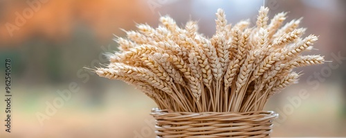 Basket full of ripe ears wheat against a background of wheat field on a summer or autumn day. Harvest festival. Lugnasad, Lammas, Shavuot, Thanksgiving Day, Mabon. Banner or poster with copy space photo