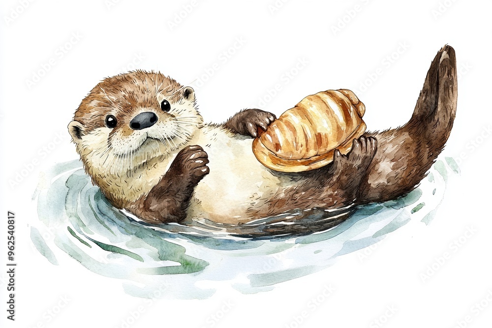 Obraz premium A cute otter floating on its back in water, holding a shell, showcasing playful charm and aquatic joy.