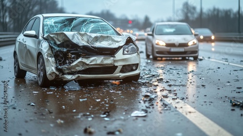 High-speed Rear-End Collision on Highway - Devastating Crash Scene with Debris and Damaged Bumpers