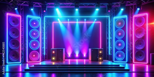 Neon stage with vibrant speakers and lights , neon, stage, speakers, lights, colorful, music, performance, concert