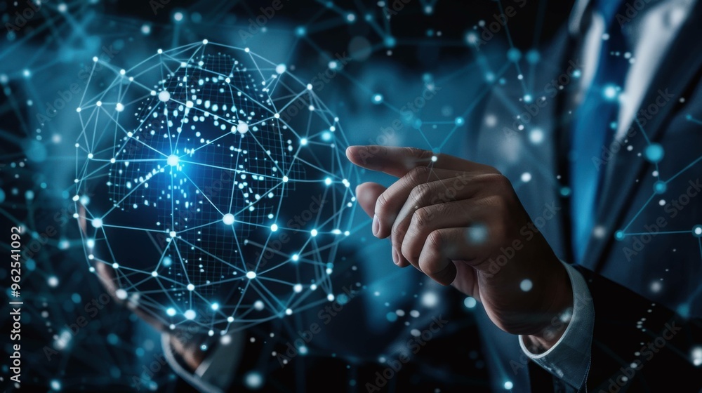 Businessman interacting with a network administration icon, representing global technological networking. Focus on management, optimization, and security systems.
Businessman interacting with a network administration icon, representing global technological networking. Focus on management, optimization, and security systems.