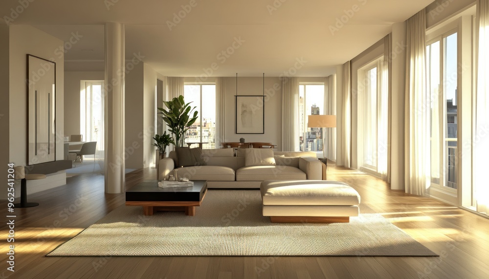 Fototapeta premium Modern Living Room with White Couch and City Views