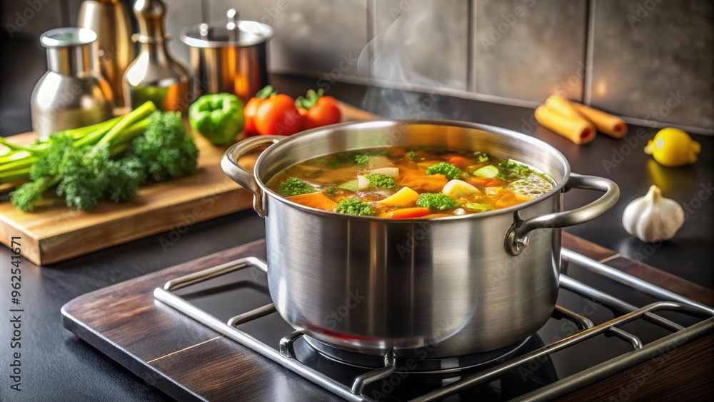 Vegetable broth in a simmering pot on a stove, vegetarian, cooking, soup, healthy, homemade, ingredients, organic, nutritious Vegetable broth in a simmering pot on a stove, vegetarian, cooking, soup, healthy, homemade, ingredients, organic, nutritious