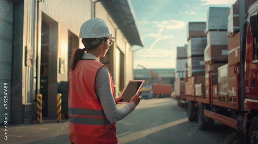 An exterior view of a logistics retailer warehouse featuring a female manager using a tablet, while a worker loads a delivery truck with cardboard boxes for e-commerce orders.
An exterior view of a logistics retailer warehouse featuring a female manager using a tablet, while a worker loads a delivery truck with cardboard boxes for e-commerce orders.
