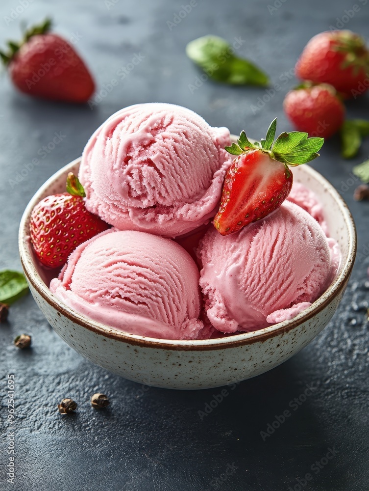 Delicious Strawberry Ice Cream Scoops in a Bowl with Fresh Strawberries on a Dark Background Delicious Strawberry Ice Cream Scoops in a Bowl with Fresh Strawberries on a Dark Background