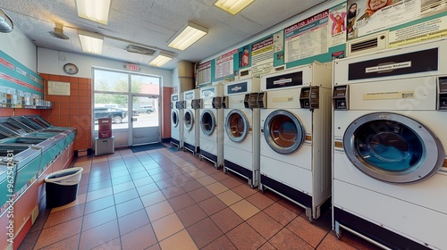 Row of commercial washing machines in a laundromat.