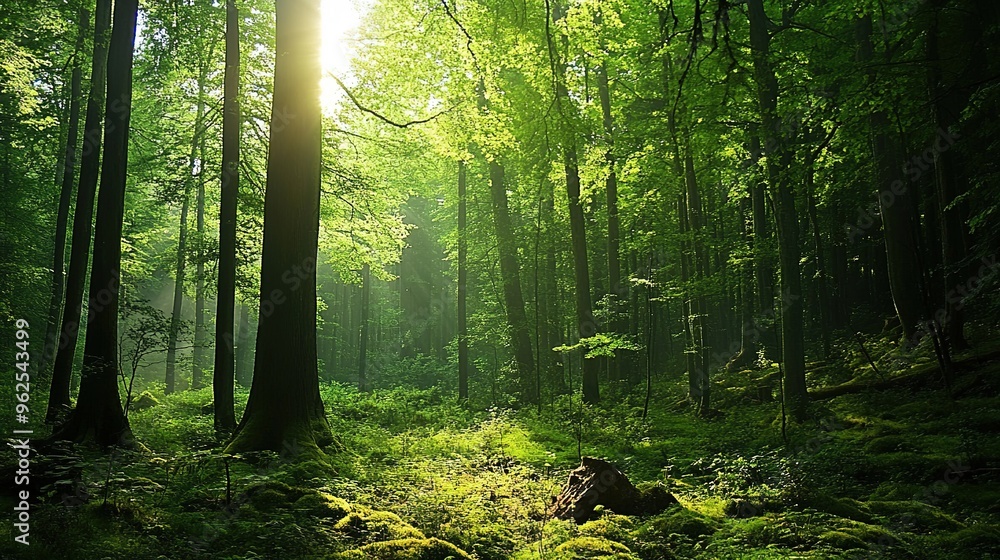 Obraz premium Serene Forest Landscape with Lush Greenery. This image depicts a tranquil forest scene, showcasing dense trees and vibrant foliage.
