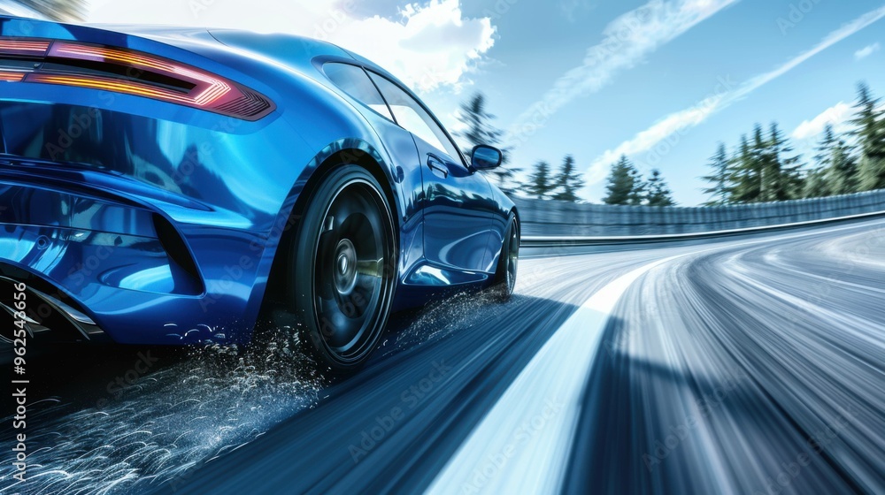 Rear view of a blue business car speeding through a turn on a high-speed highway. The car is in motion, showcasing its dynamic design and performance.
Rear view of a blue business car speeding through a turn on a high-speed highway. The car is in motion, showcasing its dynamic design and performance.