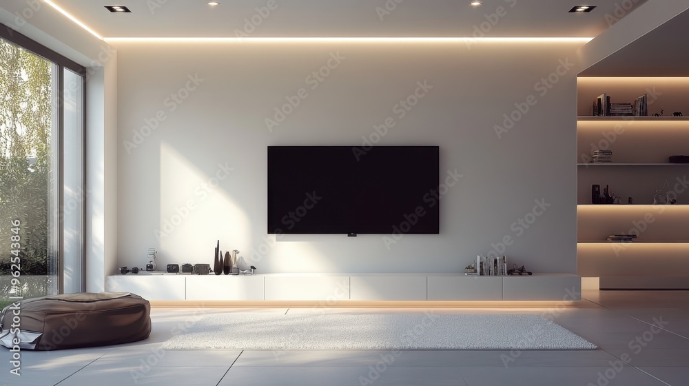 A sleek, white media wall in a minimalist living room, featuring a large flat-screen TV surrounded by elegant floating shelves and recessed lighting. A sleek, white media wall in a minimalist living room, featuring a large flat-screen TV surrounded by elegant floating shelves and recessed lighting.
