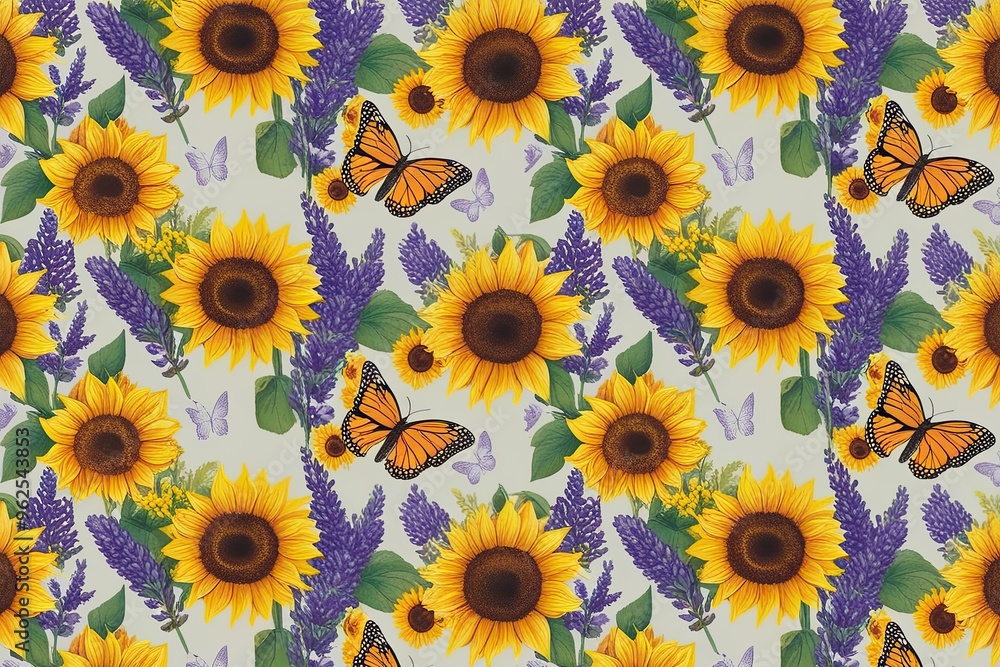 Vibrant Floral Pattern with Sunflowers, Lavender, and Butterflies for Decoration and Design Vibrant Floral Pattern with Sunflowers, Lavender, and Butterflies for Decoration and Design