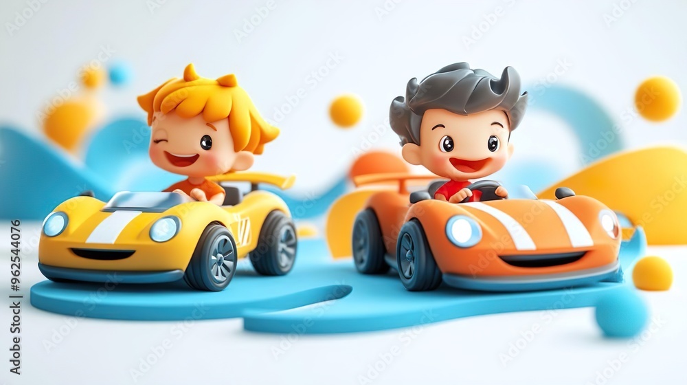 A toy car race illustrated in a fun playful Kids 3D render cartoon style A toy car race illustrated in a fun playful Kids 3D render cartoon style