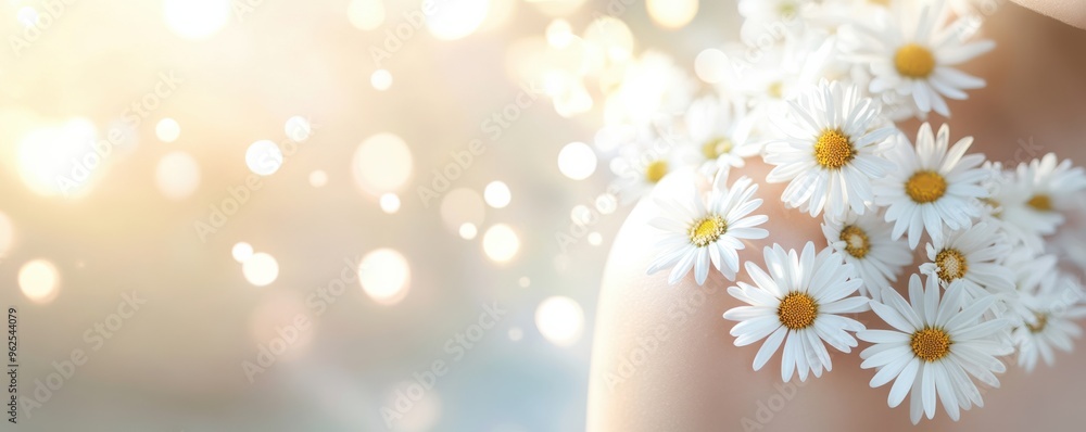 A close-up of delicate daisies adorning a shoulder, illuminated by soft, dreamy light, perfect for floral and beauty themes. A close-up of delicate daisies adorning a shoulder, illuminated by soft, dreamy light, perfect for floral and beauty themes.