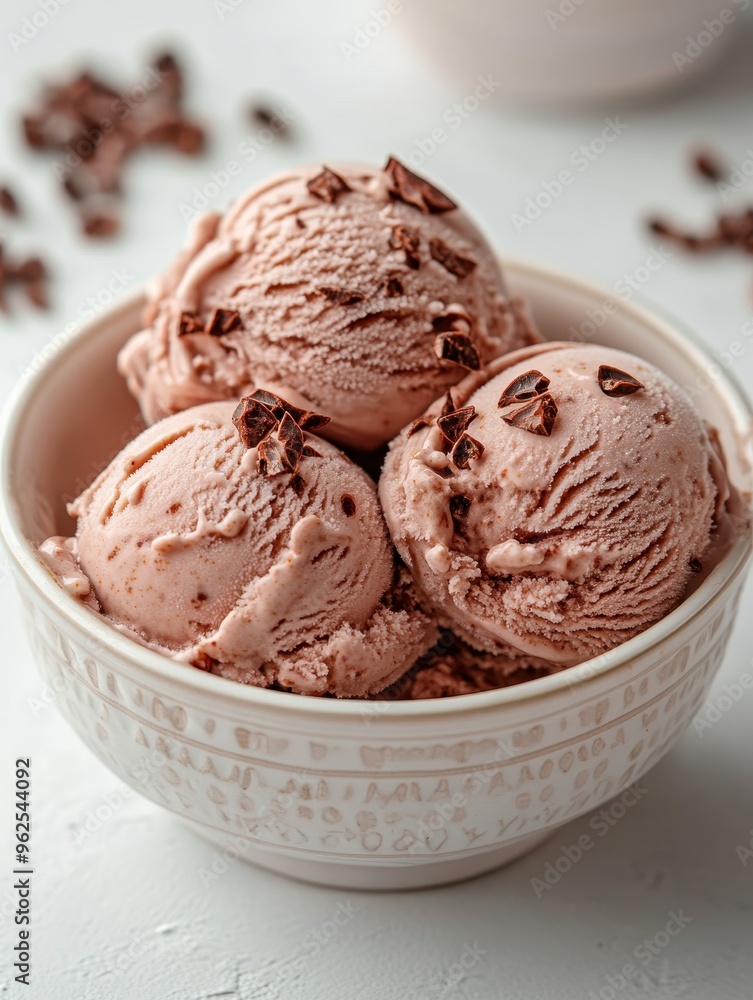 Delicious Chocolate Ice Cream Scoops in a Bowl with Chocolate Shavings on a Light Background Delicious Chocolate Ice Cream Scoops in a Bowl with Chocolate Shavings on a Light Background