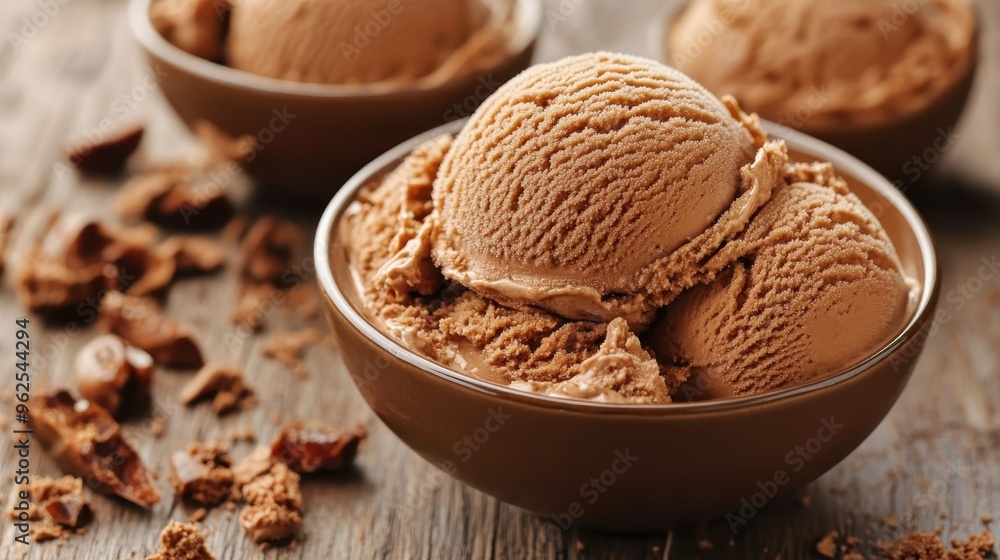 Delicious Scoops of Chocolate Ice Cream in Brown Bowls on a Rustic Wooden Table