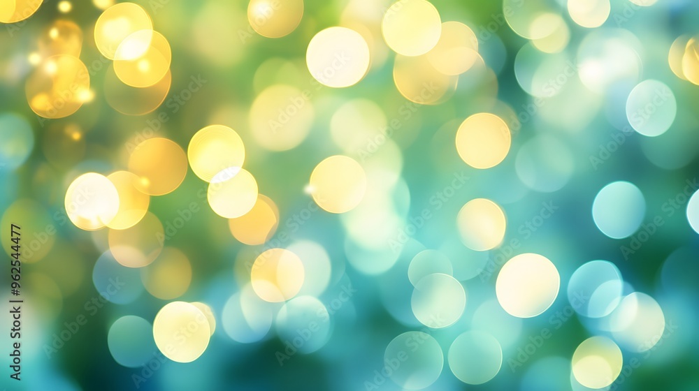 Obraz premium A soft, dreamy bokeh background with overlapping circles in pastel shades of blue, green, and yellow. The abstract light effect creates a soothing and airy atmosphere, perfect for serene designs.