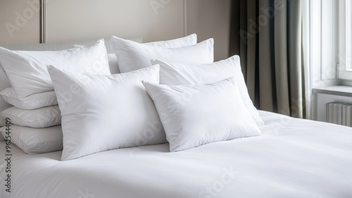 A cozy bed adorned with plush white pillows, creating a serene and inviting atmosphere for relaxation and comfort.