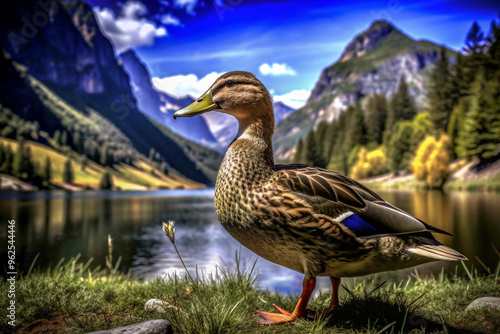 A Duck Standing by a Mountain Lake