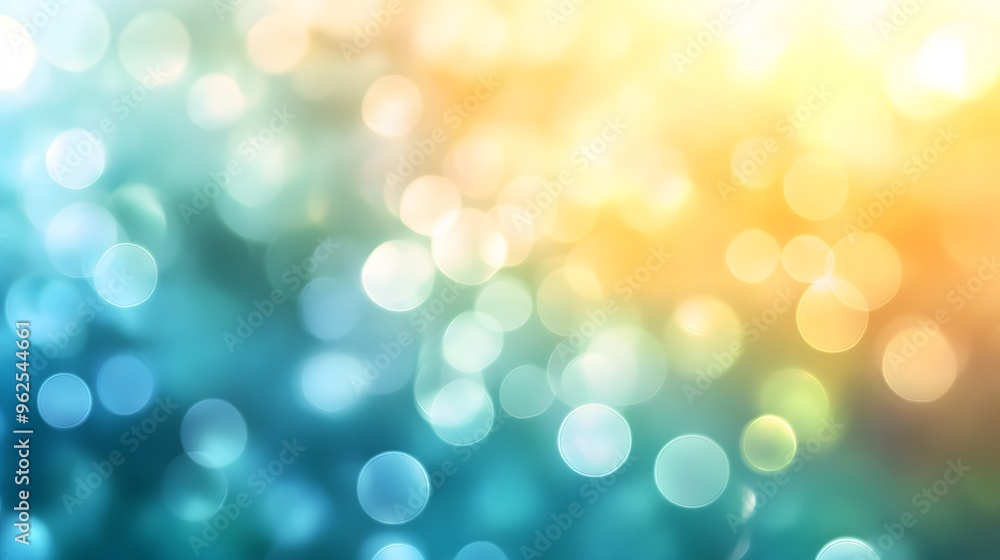 Fototapeta premium A soft, dreamy bokeh background with overlapping circles in pastel shades of blue, green, and yellow. The abstract light effect creates a soothing and airy atmosphere, perfect for serene designs.