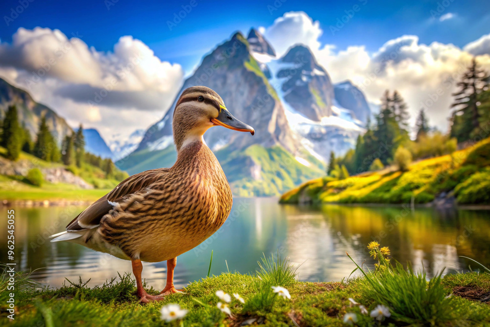 Duck on a Lakeside Meadow with Mountain Background Duck on a Lakeside Meadow with Mountain Background