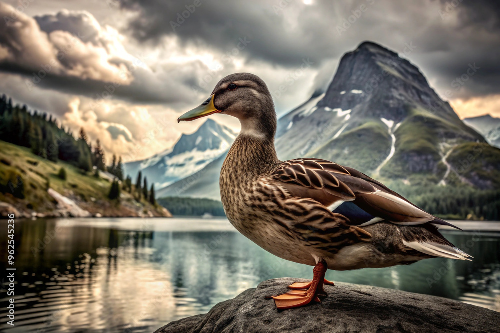 Mallard Duck Perched on a Rock with a Mountainous Background Mallard Duck Perched on a Rock with a Mountainous Background