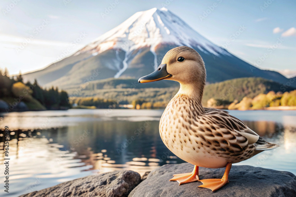 A Duck Perched on a Rock with Mount Fuji in the Background A Duck Perched on a Rock with Mount Fuji in the Background