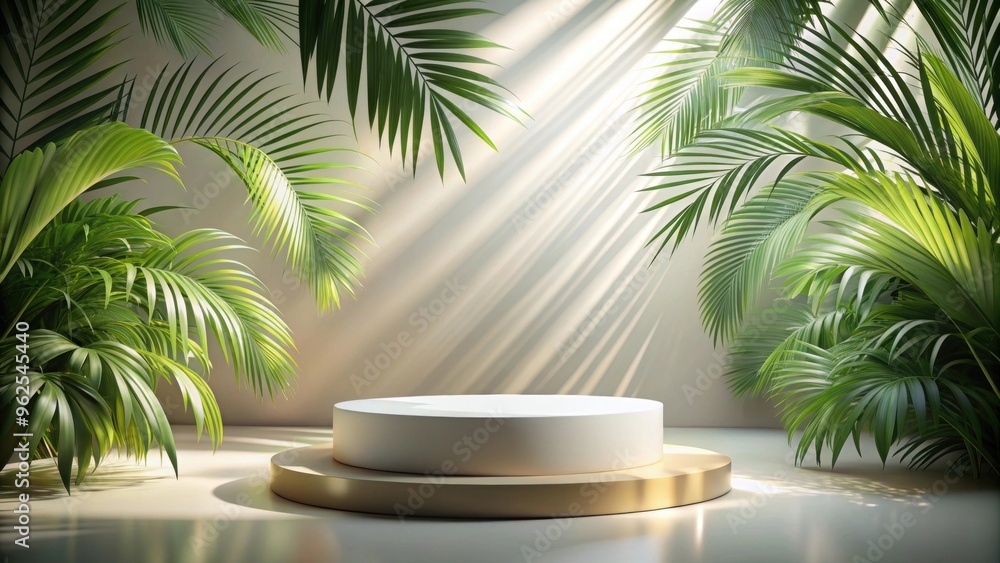 Empty round podium with product display, surrounded by palm leaves and sunlight , minimalistic, elegant, showcase Empty round podium with product display, surrounded by palm leaves and sunlight , minimalistic, elegant, showcase