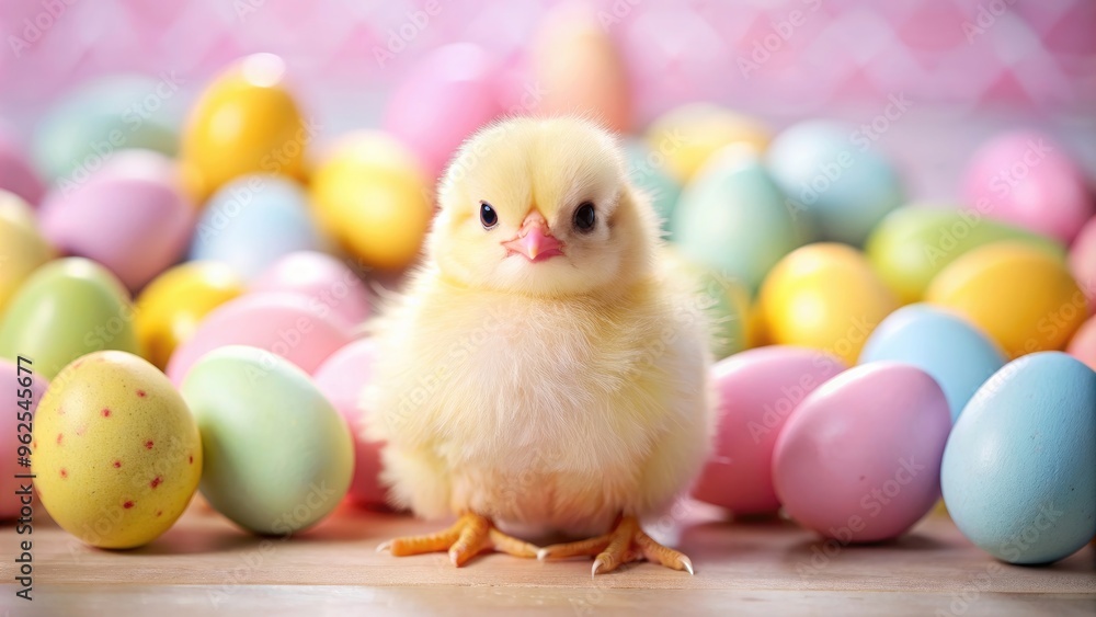 Cute chick surrounded by pastel Easter eggs in a charming setting, Easter, charm, cute, chick, pastel, eggs, holiday Cute chick surrounded by pastel Easter eggs in a charming setting, Easter, charm, cute, chick, pastel, eggs, holiday