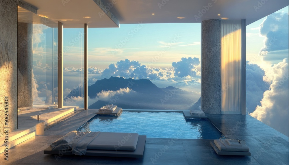 Fototapeta premium Modern Architectural Design with Swimming Pool and Mountain View