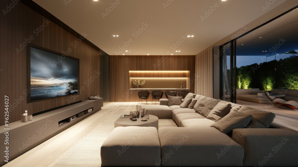 A spacious, modern living room featuring A spacious, modern living room featuring